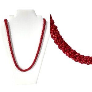 Red seed beaded 30" rope necklace.